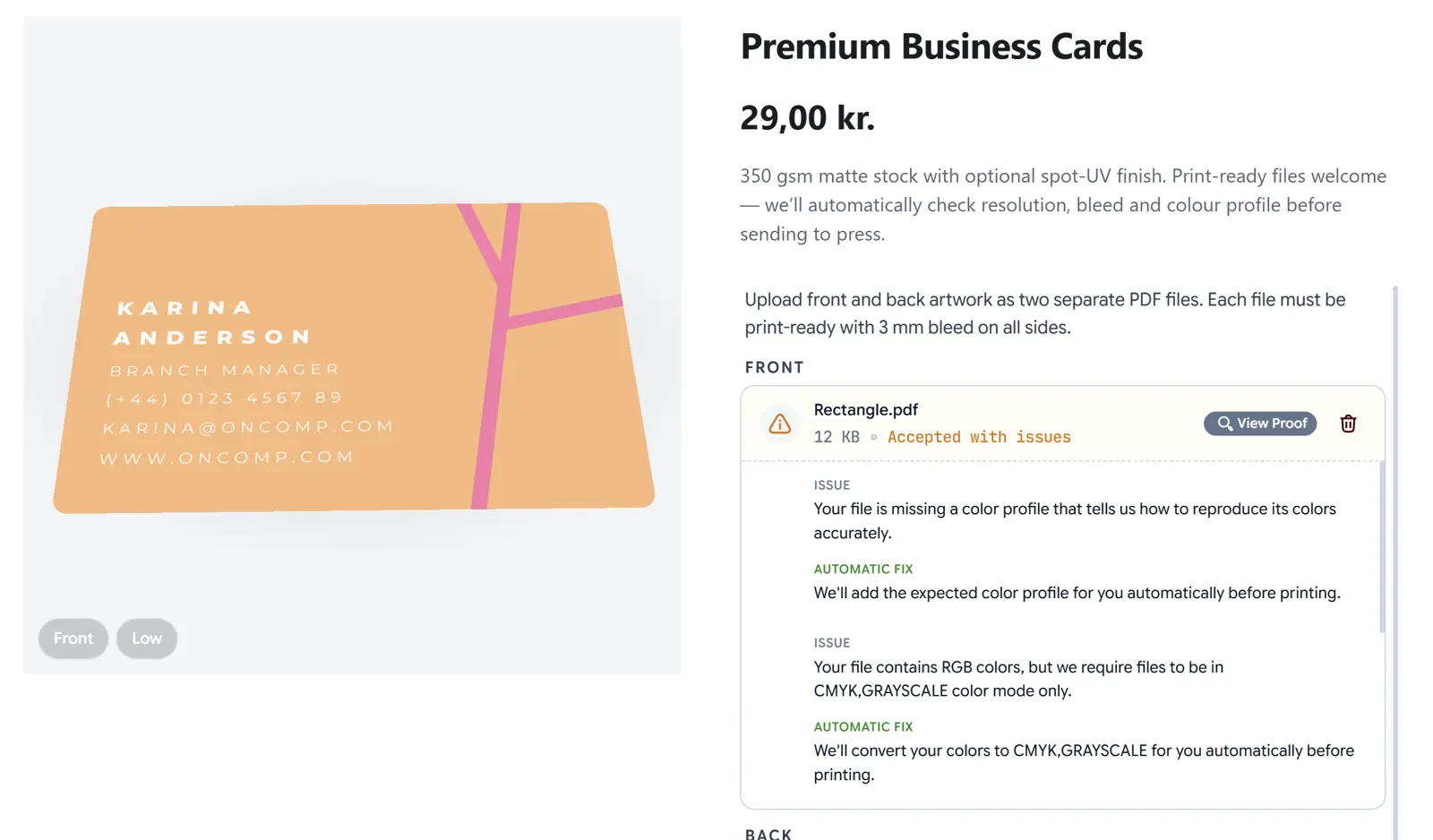 A WooCommerce business card product page where the gallery shows the customer's uploaded design on the card in 3D